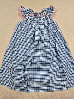 Southern Sunshine Girls Blue Gingham Dress Sailboat Embroidery 100% Cotton Sz 5